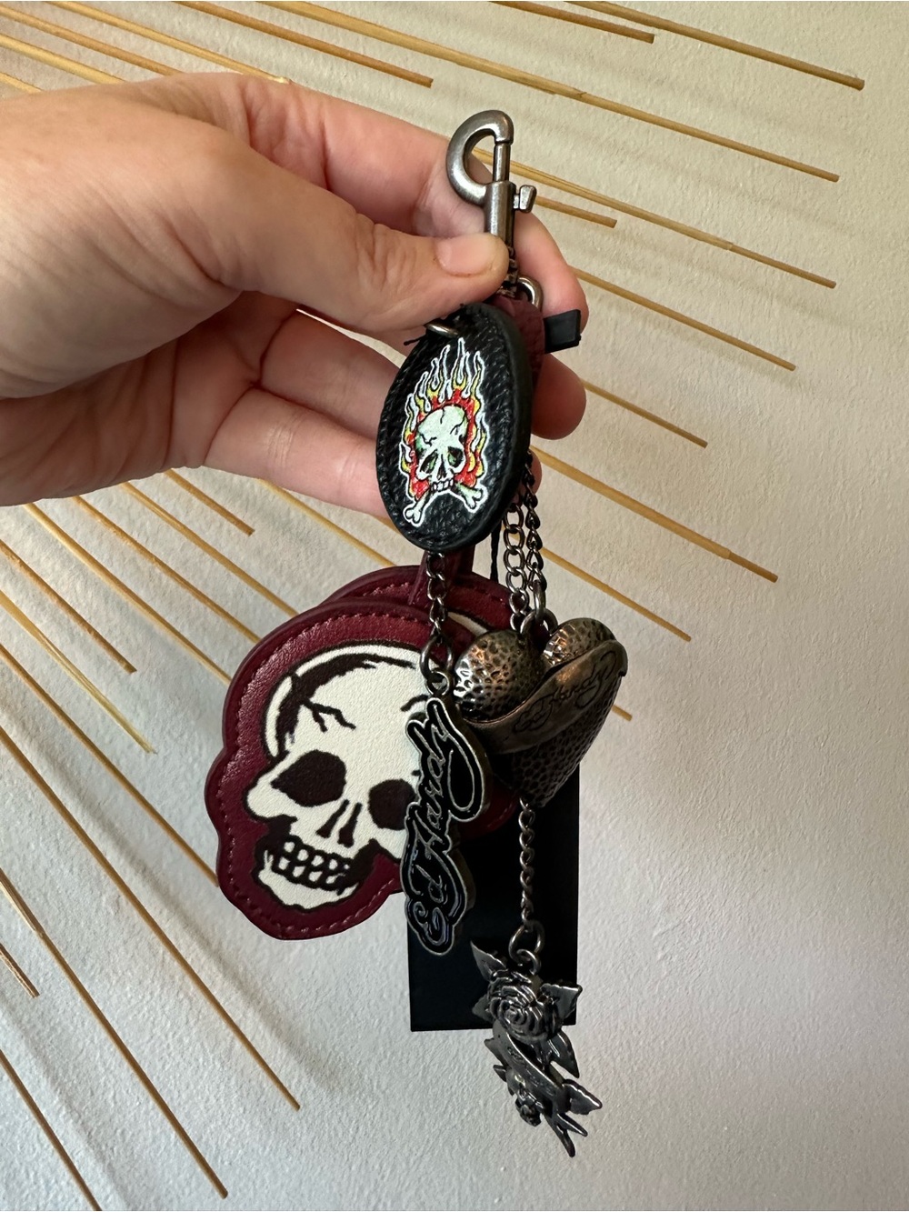 Ed Hardy Burgundy & White Skull Bag Charm Metal Logo Heart & Flower Charms NWT - Picture 2 of 5